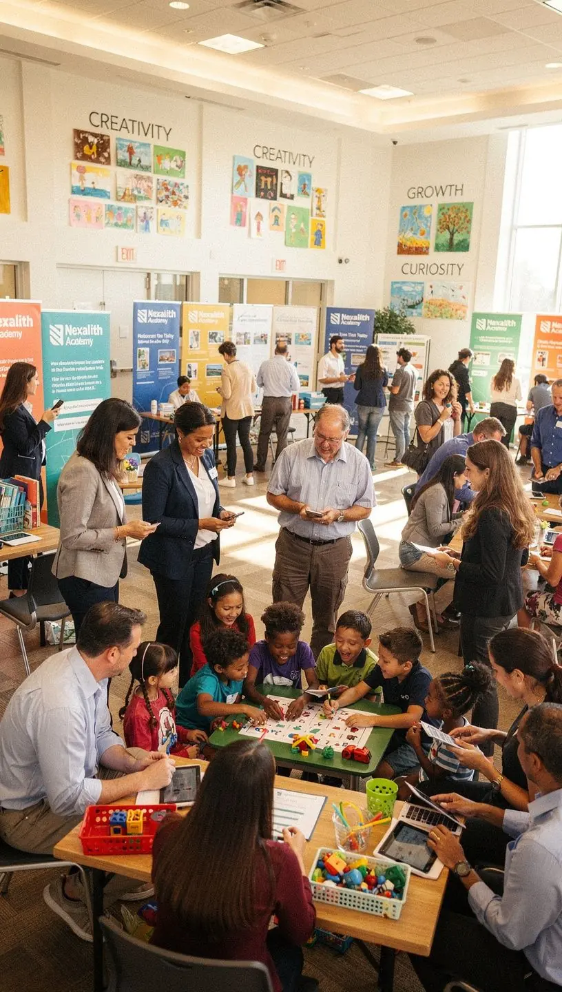 Bērni spēlējas interaktīvā mācību telpā, attīstot radošumu un sadarbību.